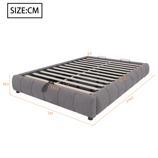 Cama individual 140x200 cm - Sem cabeceira, com faixa LED (cor única), estrutura de cama flutuante hidráulica com arrumação - Cinza