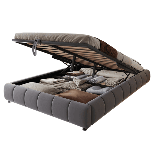 Cama individual 140x200 cm - Sem cabeceira, com faixa LED (cor única), estrutura de cama flutuante hidráulica com arrumação - Cinza