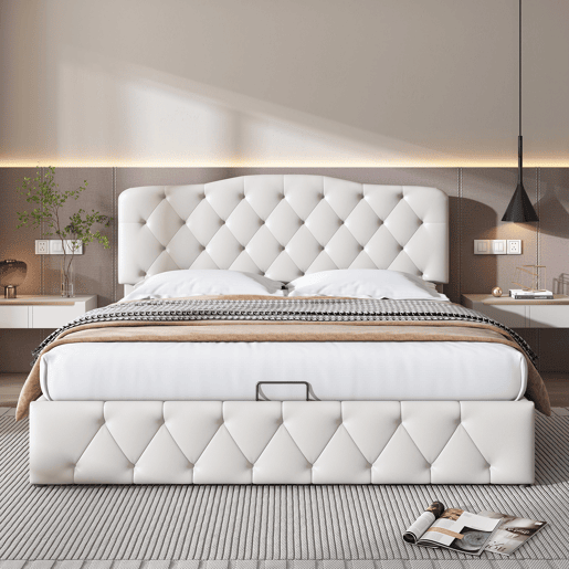 Cama contentora 140x200 cm em pele sintética - com cabeceira regulável - Branco