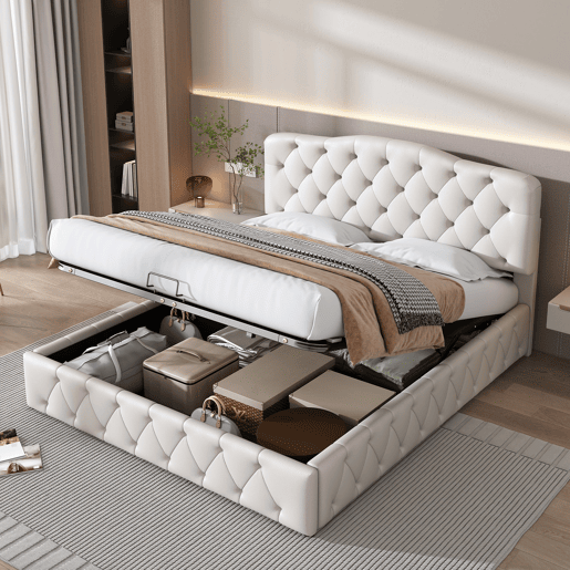 Cama contentora 140x200 cm em pele sintética - com cabeceira regulável - Branco