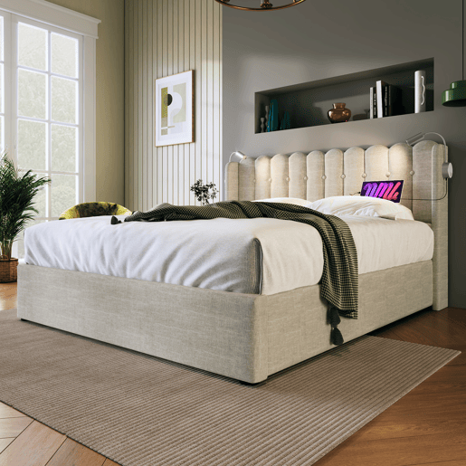 Cama estofada 160x200 - Com luz de leitura, função de carregamento, cabeceira com arrumação, estrutura em linho - Natural