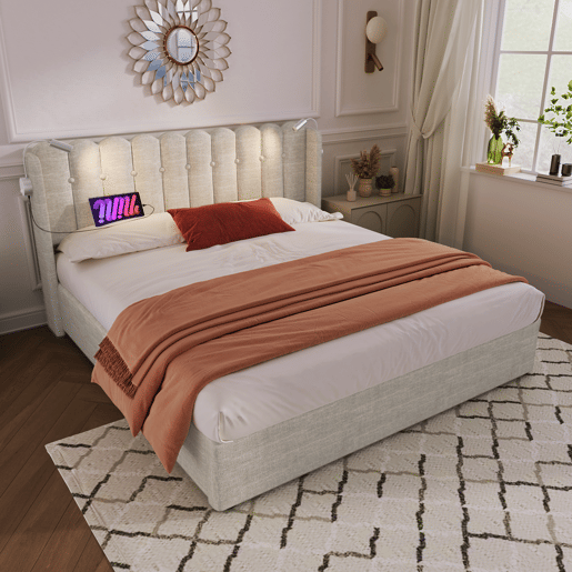 Cama estofada 160x200 - Com luz de leitura, função de carregamento, cabeceira com arrumação, estrutura em linho - Natural