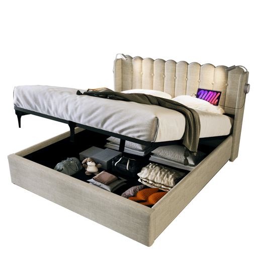 Cama estofada 160x200 - Com luz de leitura, função de carregamento, cabeceira com arrumação, estrutura em linho - Natural