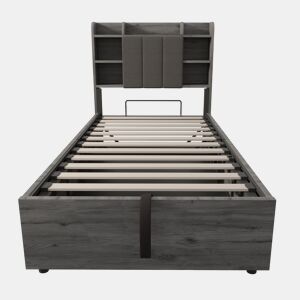 Cama individual 90x200 - Cama hidráulica com cabeceira com arrumação, portas USB e Type-C, cama juvenil - Cinza