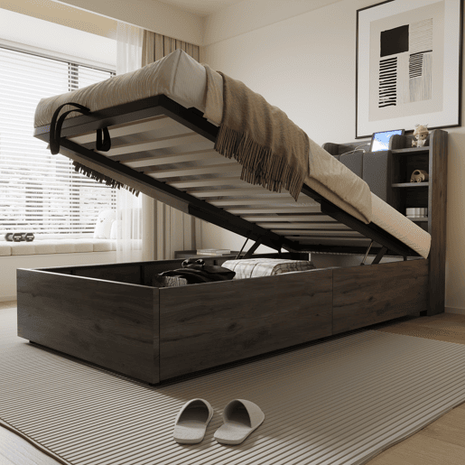 Cama individual 90x200 - Cama hidráulica com cabeceira com arrumação, portas USB e Type-C, cama juvenil - Cinza
