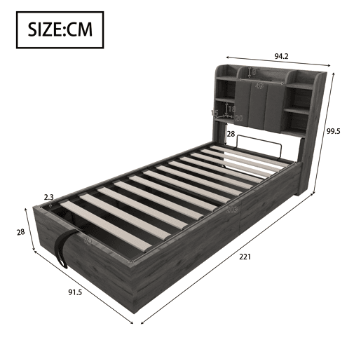Cama individual 90x200 - Cama hidráulica com cabeceira com arrumação, portas USB e Type-C, cama juvenil - Cinza