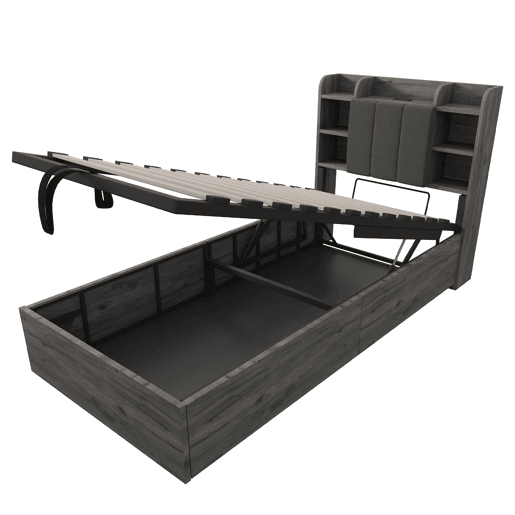 Cama individual 90x200 - Cama hidráulica com cabeceira com arrumação, portas USB e Type-C, cama juvenil - Cinza