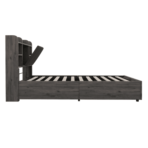 Cama individual 90x200 - Cama hidráulica com cabeceira com arrumação, portas USB e Type-C, cama juvenil - Cinza