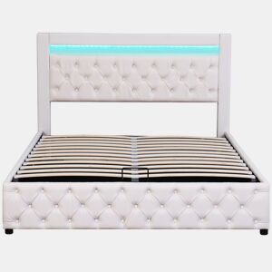 Cama contentora estofada em pele com LED - 140x200cm - com estrado de ripas - Branco