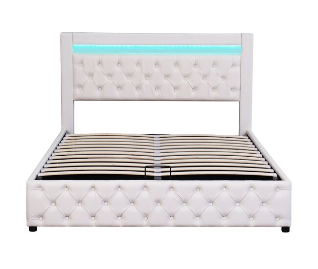 Cama contenedor tapizada en símil piel con led - 140x200cm - con somier de láminas - blanco