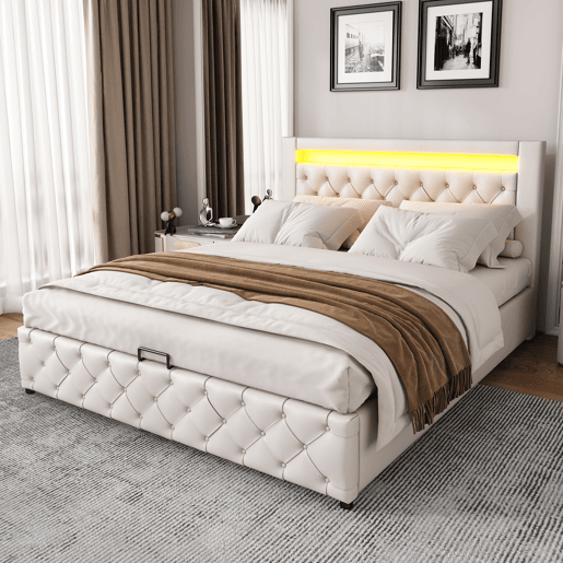 Cama contentora estofada em pele com LED - 140x200cm - com estrado de ripas - Branco