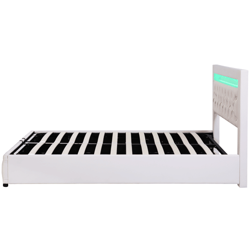 Cama contentora estofada em pele com LED - 140x200cm - com estrado de ripas - Branco