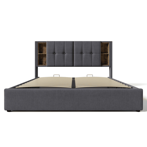Cama de casal 140x200cm - Cama estofada com carregamento sem fios USB C, com arrumação, estrado de madeira - Cinza algodão Cama de casal 140x200cm - Cama estofada com carregamento sem fios USB C, com arrumação, estrado de madeira - Cinza algodão