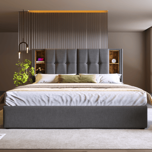 Cama de casal 140x200cm - Cama estofada com carregamento sem fios USB C, com arrumação, estrado de madeira - Cinza algodão Cama de casal 140x200cm - Cama estofada com carregamento sem fios USB C, com arrumação, estrado de madeira - Cinza algodão