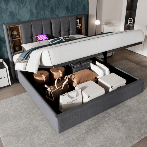 Cama de casal 140x200cm - Cama estofada com carregamento sem fios USB C, com arrumação, estrado de madeira - Cinza algodão Cama de casal 140x200cm - Cama estofada com carregamento sem fios USB C, com arrumação, estrado de madeira - Cinza algodão