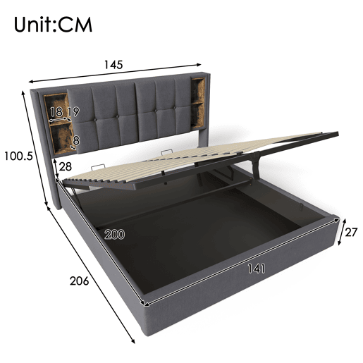 Cama de casal 140x200cm - Cama estofada com carregamento sem fios USB C, com arrumação, estrado de madeira - Cinza algodão Cama de casal 140x200cm - Cama estofada com carregamento sem fios USB C, com arrumação, estrado de madeira - Cinza algodão