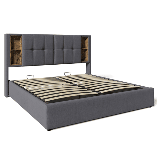 Cama de casal 140x200cm - Cama estofada com carregamento sem fios USB C, com arrumação, estrado de madeira - Cinza algodão Cama de casal 140x200cm - Cama estofada com carregamento sem fios USB C, com arrumação, estrado de madeira - Cinza algodão