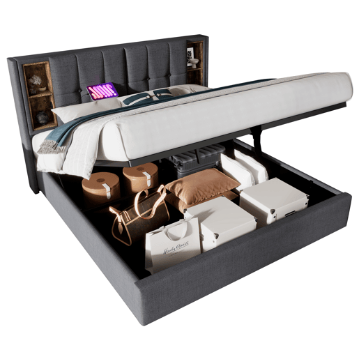 Cama de casal 140x200cm - Cama estofada com carregamento sem fios USB C, com arrumação, estrado de madeira - Cinza algodão Cama de casal 140x200cm - Cama estofada com carregamento sem fios USB C, com arrumação, estrado de madeira - Cinza algodão