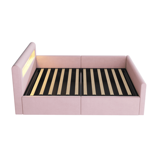 Cama infantil 90x200 cm - Com LED, luz noturna, porta USB, prateleira, armazenamento hidráulico - Rosa