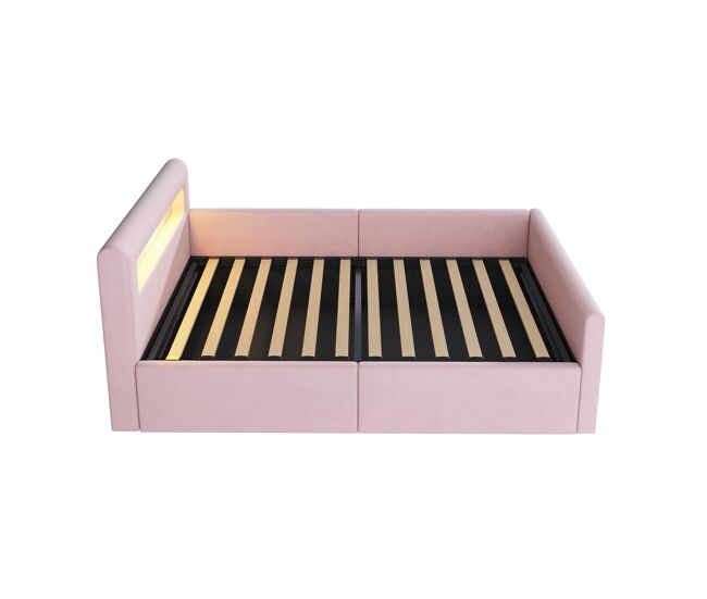 Cama infantil 90x200 cm - con led, luz nocturna, puerto usb, estante, almacenamiento hidráulico - rosa