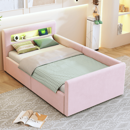 Cama infantil 90x200 cm - Com LED, luz noturna, porta USB, prateleira, armazenamento hidráulico - Rosa