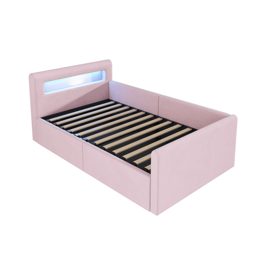 Cama infantil 90x200 cm - Com LED, luz noturna, porta USB, prateleira, armazenamento hidráulico - Rosa