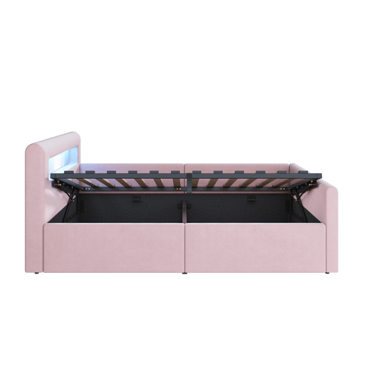 Cama infantil 90x200 cm - Com LED, luz noturna, porta USB, prateleira, armazenamento hidráulico - Rosa