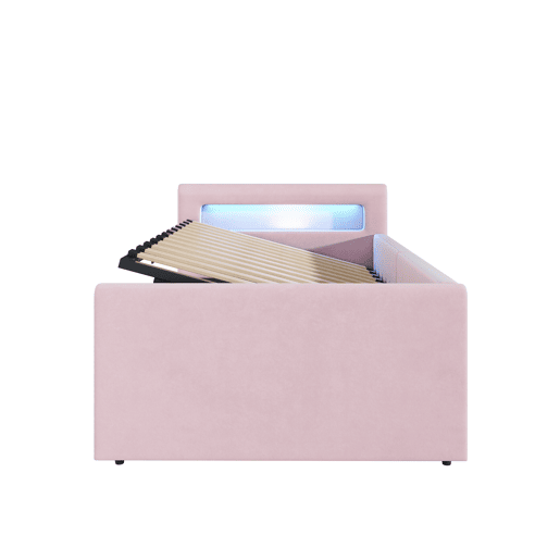 Cama infantil 90x200 cm - Com LED, luz noturna, porta USB, prateleira, armazenamento hidráulico - Rosa