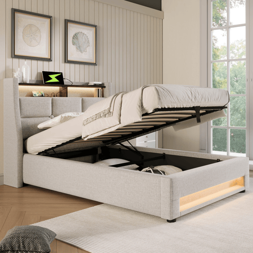 Cama estofada 90x200 - Cama LED com USB, estrutura metálica, com estrado, material de linho, para jovens - Bege