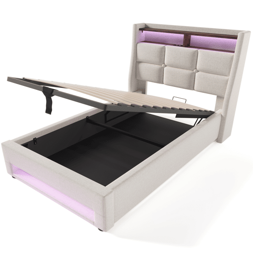 Cama estofada 90x200 - Cama LED com USB, estrutura metálica, com estrado, material de linho, para jovens - Bege