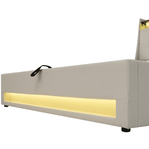 Cama estofada 90x200 - Cama LED com USB, estrutura metálica, com estrado, material de linho, para jovens - Bege