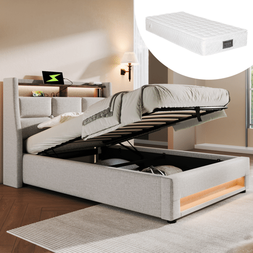 Cama estofada 90x200 - Cama LED com USB, estrutura metálica, com estrado, material de linho, para jovens - Bege
