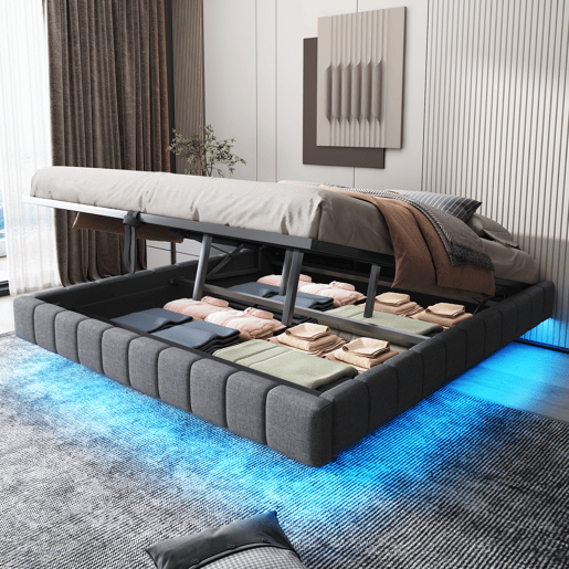 Cama estofada 180x200 cm - Estrutura flutuante hidráulica com arrumação, cama multifuncional sem cabeceira com luz LED - Linho Cinza