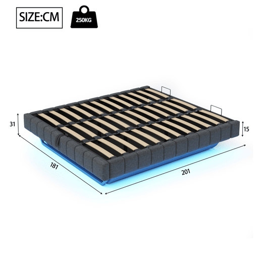 Cama estofada 180x200 cm - Estrutura flutuante hidráulica com arrumação, cama multifuncional sem cabeceira com luz LED - Linho Cinza