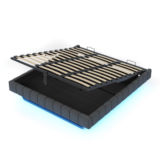 Cama estofada 180x200 cm - Estrutura flutuante hidráulica com arrumação, cama multifuncional sem cabeceira com luz LED - Linho Cinza