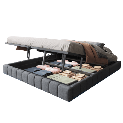 Cama estofada 180x200 cm - Estrutura flutuante hidráulica com arrumação, cama multifuncional sem cabeceira com luz LED - Linho Cinza