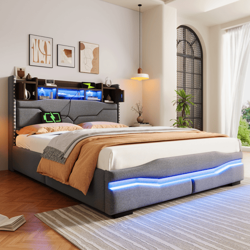 Cama com armazenamento hidráulico 140x200cm - Com USB, tomada, luz ambiente LED e cabeceira com armazenamento - Cinza
