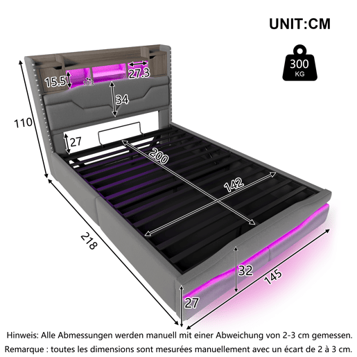Cama com armazenamento hidráulico 140x200cm - Com USB, tomada, luz ambiente LED e cabeceira com armazenamento - Cinza