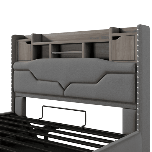 Cama com armazenamento hidráulico 140x200cm - Com USB, tomada, luz ambiente LED e cabeceira com armazenamento - Cinza