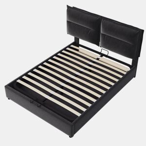 Cama de casal 140x200 - Estofada, cabeceira ajustável, estrado metálico, amplo espaço de arrumação - Preto