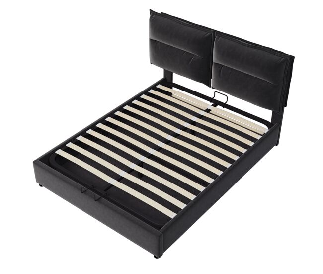 Cama doble 140x200 - tapizada, cabecero ajustable, somier metálico, almacenamiento amplio - negro
