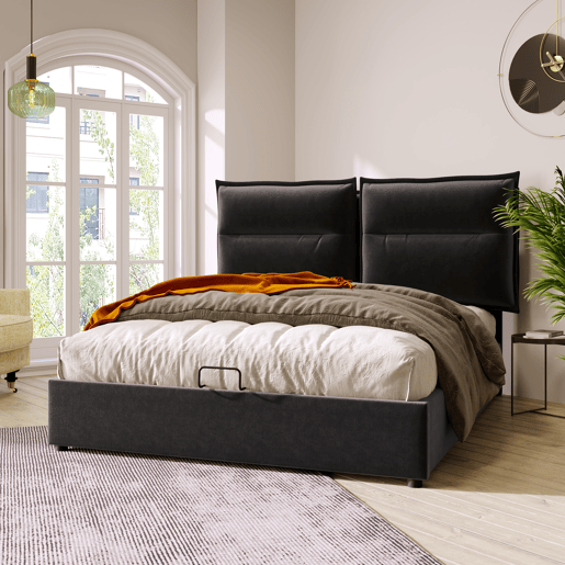 Cama de casal 140x200 - Estofada, cabeceira ajustável, estrado metálico, amplo espaço de arrumação - Preto