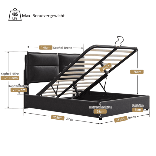 Cama de casal 140x200 - Estofada, cabeceira ajustável, estrado metálico, amplo espaço de arrumação - Preto