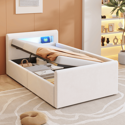 Cama infantil 90x200 cm - Com luz LED, luz noturna, porta USB, prateleira, armazenamento hidráulico, cama individual simples - Bege