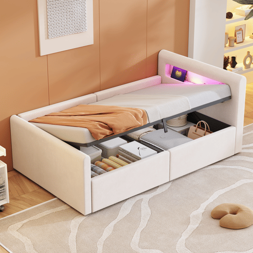 Cama infantil 90x200 cm - Com luz LED, luz noturna, porta USB, prateleira, armazenamento hidráulico, cama individual simples - Bege
