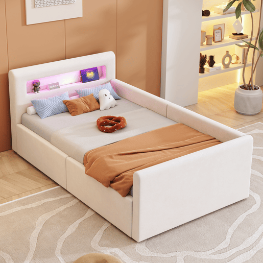 Cama infantil 90x200 cm - Com luz LED, luz noturna, porta USB, prateleira, armazenamento hidráulico, cama individual simples - Bege