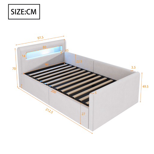 Cama infantil 90x200 cm - Com luz LED, luz noturna, porta USB, prateleira, armazenamento hidráulico, cama individual simples - Bege