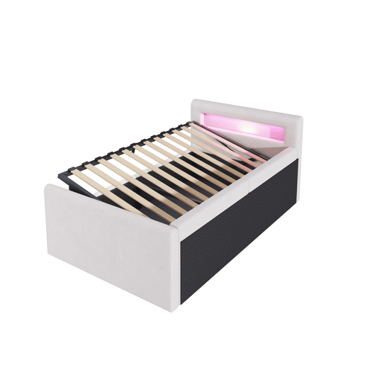 Cama infantil 90x200 cm - Com luz LED, luz noturna, porta USB, prateleira, armazenamento hidráulico, cama individual simples - Bege