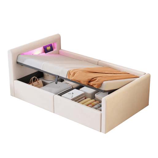 Cama infantil 90x200 cm - Com luz LED, luz noturna, porta USB, prateleira, armazenamento hidráulico, cama individual simples - Bege