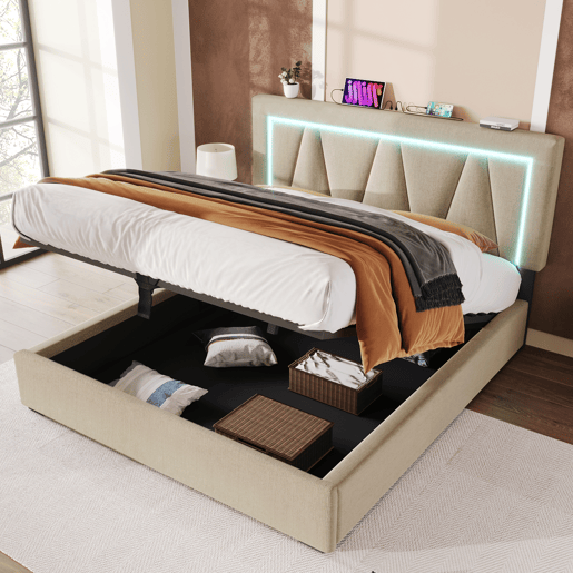 Cama de casal 140x200 cm - Cama com arrumação, LED, USB Tipo C, estrutura em linho - Cinza